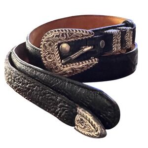 3D Vintage Western Belt Crumrine Silver Plated Buckle Full Grain Leather Women L